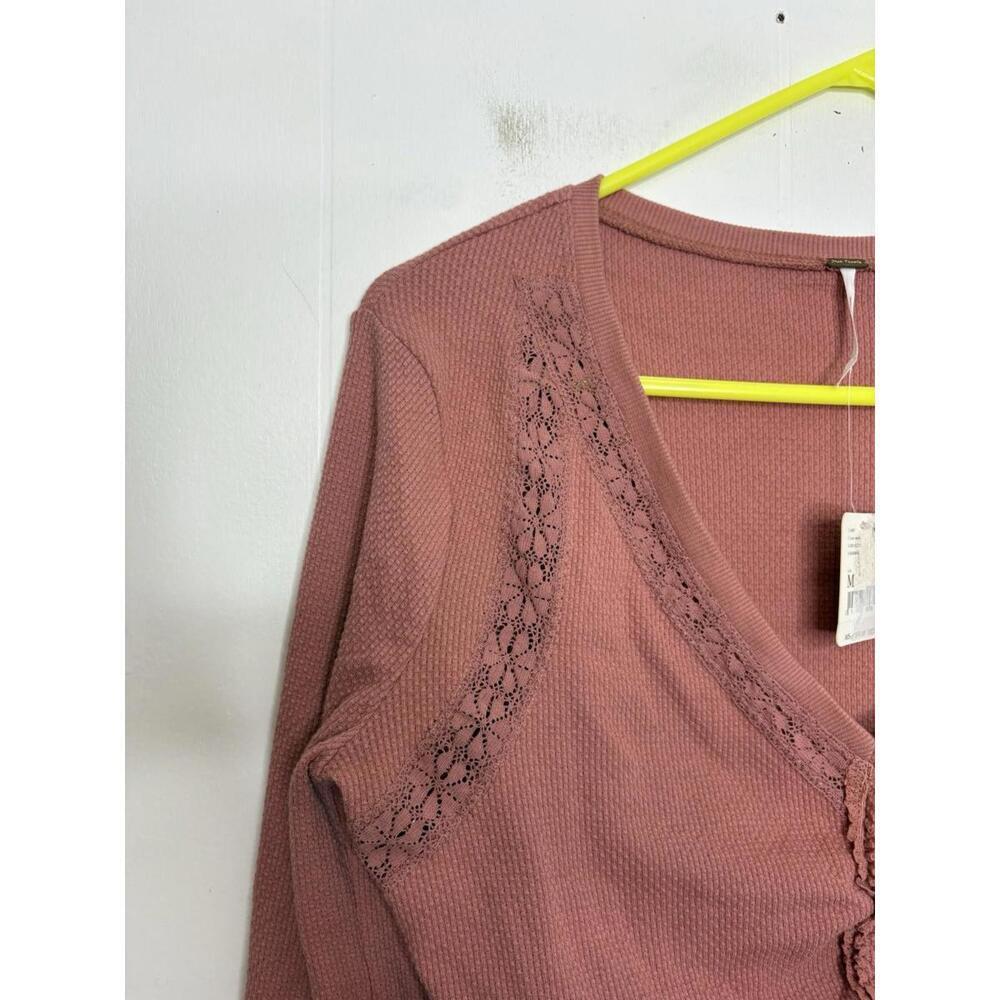Free People Shirt Womens Medium Thermal Mesh Long Sleeve Ruched Ballet Rose - Picture 5 of 9